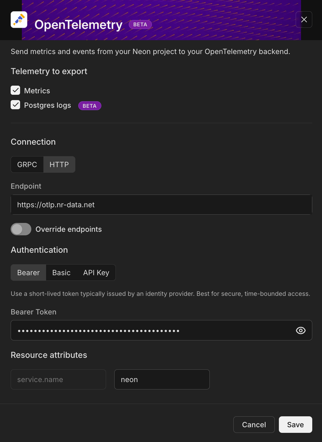 Configuring the OpenTelemetry integration in Neon