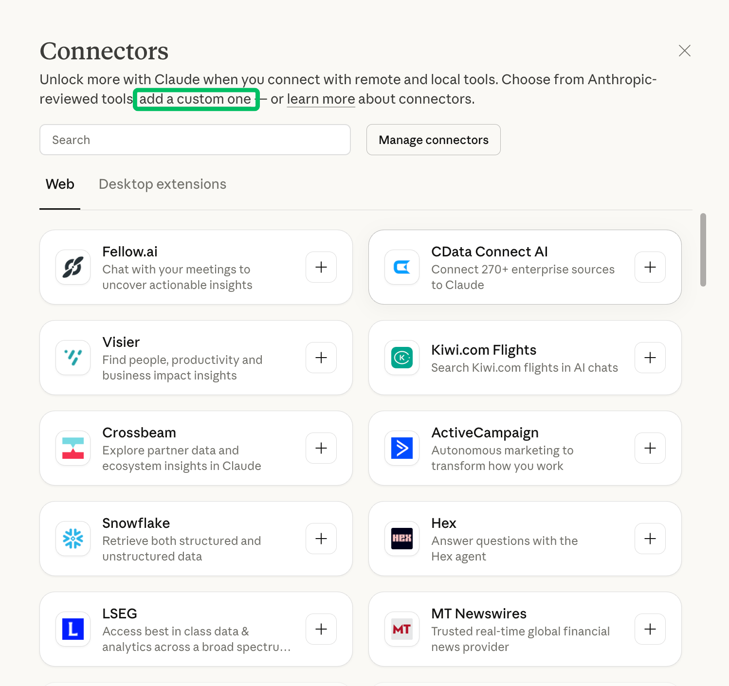 Claude custom connector button